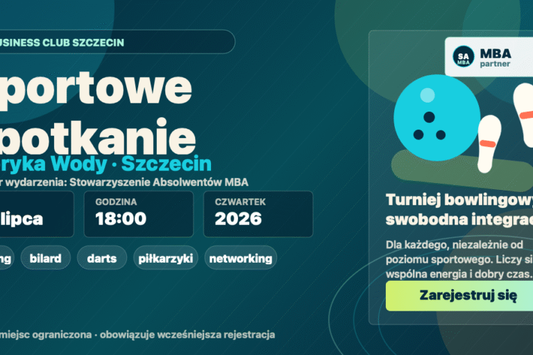Sportowe spotkanie Business Club Szczecin w Fabryce Wody w Szczecinie, 16 lipca 2026 r., godz. 18:00. Partner wydarzenia: Stowarzyszenie Absolwentów MBA.