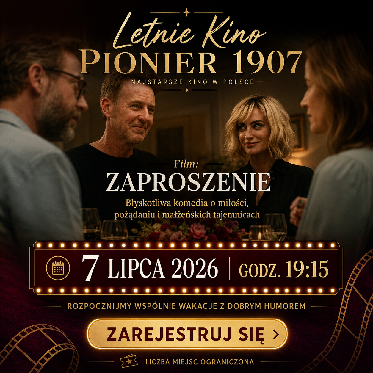 Letnie Kino Pionier 1907 – film „Zaproszenie”, 7 lipca 2026 r., godz. 19:15. Obowiązuje wcześniejsza rejestracja.