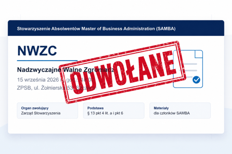 Odwołanie Nadzwyczajnego Walnego Zgromadzenia Członków – 15 września 2026 r. Ogłoszenie o odwołaniu Nadzwyczajnego Walnego Zgromadzenia Członków SAMBA zaplanowanego na 15 września 2026 r.