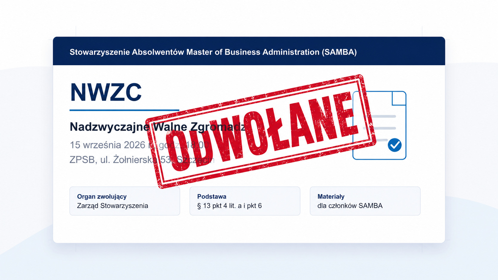 Ogłoszenie o odwołaniu Nadzwyczajnego Walnego Zgromadzenia Członków SAMBA zaplanowanego na 15 września 2026 r.