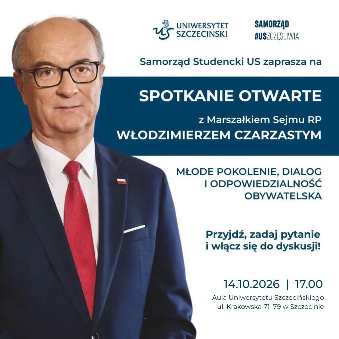 Plakat spotkania otwartego z Włodzimierzem Czarzastym, 14 października 2026 r. o godz. 17:00 w Auli Uniwersytetu Szczecińskiego