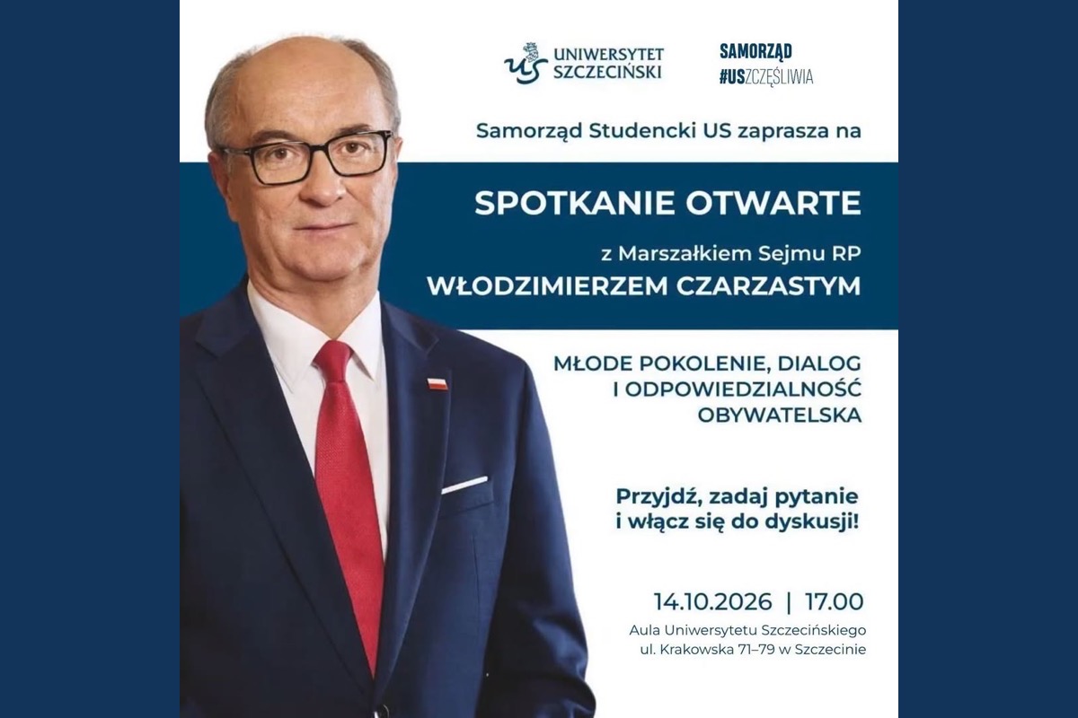 Plakat spotkania z Włodzimierzem Czarzastym: 14 października 2026 r. o godz. 17:00, Aula Uniwersytetu Szczecińskiego